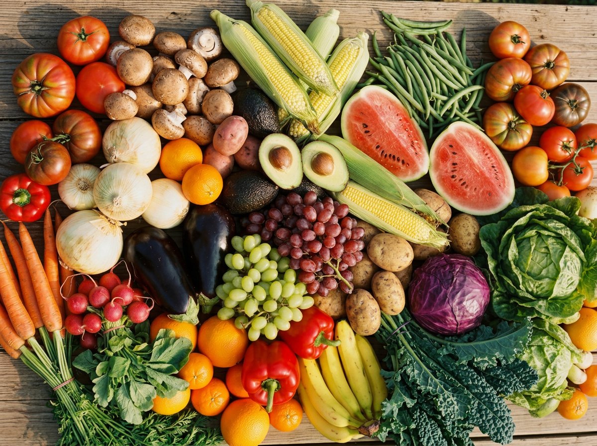 Flat-lay of fresh produce on a wooden table: tomatoes, mushrooms, corn, watermelon, peppers, onions, grapes, carrots, cabbage and kale
